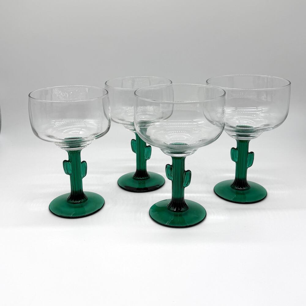 Set of 4 Cactus Stem Margarita Glasses Southwest Mexican Barware Green